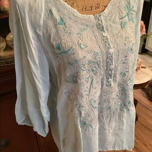 Johnny Was Peacock Floral Embroidered Top